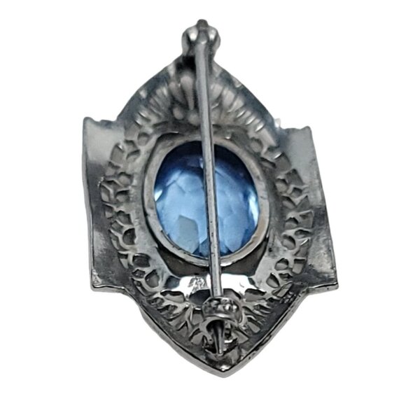 Silver-Tone Art Deco Blue Glass Open Back Filigree Bar Pin - Picture 5 of 8